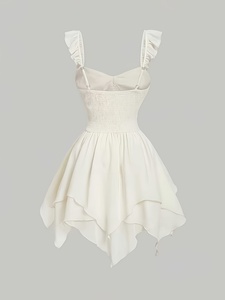 Robe asymétrique style français à col cœur, avec nœud en dentelle, ourlet à volants, bretelles spaghetti et taille cintrée, couleur unie - Product Image 3