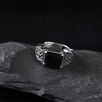 Bague Chevalière Vintage en Argent 925 pour Homme, Gravure Croix Turque, Agate Noire Naturelle, Bijoux Hip-Hop Rock, Type Ouvert
