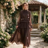 Ensemble élégant 2 pièces pour femme : haut plissé à col montant et manches longues avec ceinture à nouer et jupe longue fluide à volants pour le printemps et l'automne