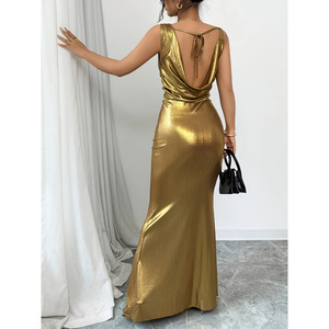 Gaun pesta malam Maxi wanita, dress pita tanpa lengan warna emas metalik untuk perempuan - Product Image 2