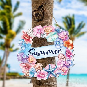 Couronne de plage hawaïenne d'été en bois, ronde, colorée, avec décorations de coquillages, panneau décoratif à suspendre pour la maison - Product Image 1