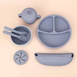 Food safe fashion Baby toddler kids Feeding plate Set silicone bib mold Plates Bowls Spoons eating utensils for toddler