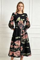 Robe midi plissée taille unique pour femme, manches lanternes trois quarts, col rond, imprimé, mode printemps-automne