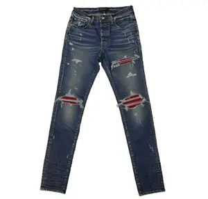 LILUO 2024 Distress Zipper Fly Pants Fashion Cotton Woven Skinny Slim Fit Denim Blue Ripped Men Jeans