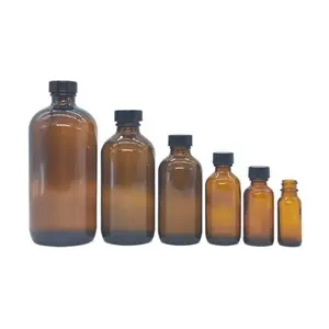 0.5oz 1oz 2oz Supplier 4oz 8oz 16oz 500ml Clear Amber Boston Round Glass Bottle With Black Polycone Cap