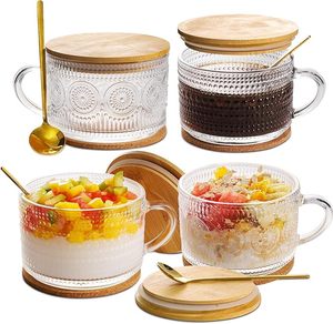 4 Uds. Tazas de vidrio en relieve transparentes bonitas de 14oz con tapas y cucharas de bambú Vintage Handgrip contenedores de avena durante la noche para <span class=keywords><strong>café</strong></span> helado - Product Image 1