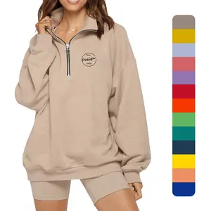 Customize 1/3 Zipper Sweatshirt For Women 100 Cotton Embroidery Logo Loose Fit Sweatshirt Solid Color Hoodie Without Hooded