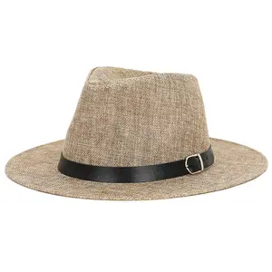 Lino barato verano hombres Panamá sombrero ala ancha Fedora fibra de bambú Playa Sol sombrero protector solar sombreros liso sombrero de paja