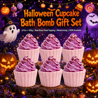 Lot de 6 bombes de bain effervescentes en forme de cupcake pour Halloween, 600g, naturelles, faites à la main, boîte cadeau violette, OEM ODM Marque Privée