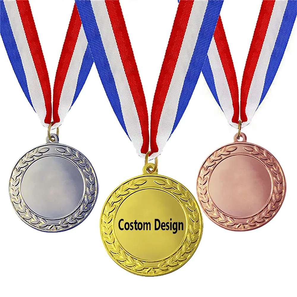 OT Venta de medallas de metal para artesanías, premios de sublimación en blanco de carrera de metal dorado, plateado y bronce, medallas y cintas personalizadas