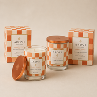 Bougie en pot à carreaux orange Arovi-Wholesale 200g, bougie en cire de soja aux agrumes avec couvercle en cuivre, boîte personnalisée pour marques à étiquette privée