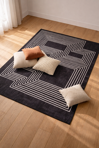 Tapis rectangulaire noir et blanc en laine et acrylique, tufté, antidérapant, pour salon, à poils moyens, avec envers en latex - Product Image 3