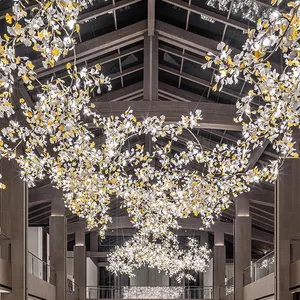 Decoração aérea personalizada folhas de ginkgo grande projeto lustre comercial clube hotel iluminação de arte de salão