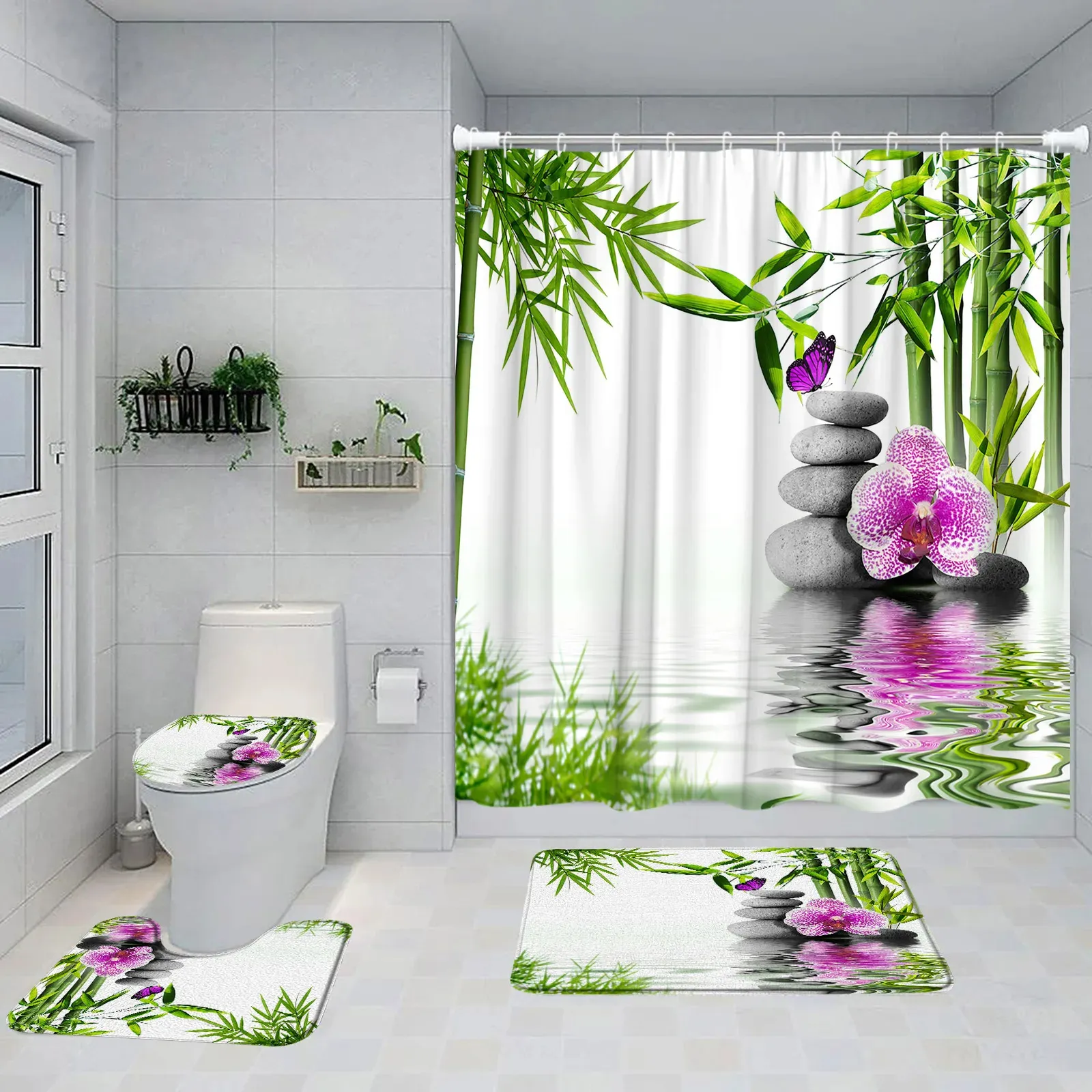 Vert Bambou Zen Rideau De Douche Ensemble Violet Orchidée Papillon Gris Pierre Spa Nature Paysage Salle De Bains Décor Tapis De Bain Couverture De Toilette