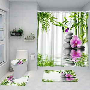Grüner Bambus Zen-Duschvorhang-Set lila Orchidee Schmetterling grauer Stein Spa Natur Landschaft Baddekoration Badewannenmatte Toilettenabdeckung