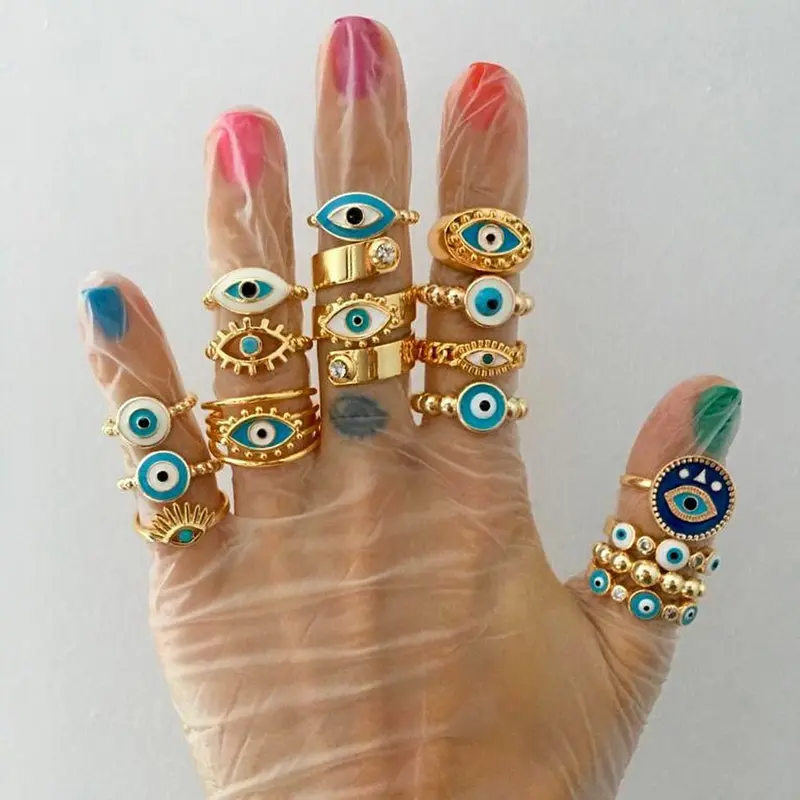 2022 New Arrival Bohemia Evil Eyes Ring Retro Gold Plated Multi Enamel Turkish Blue Eye Ring Jewelry for Women Men