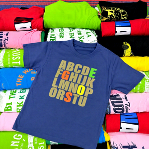 T-shirt décontracté pour enfants à manches courtes, col rond, motif lettres imprimé, en jersey de coton bleu, vêtements pour garçons, vente en gros, surplus de t-shirts - Product Image 1