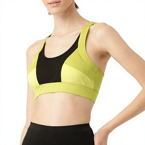Soutien-gorge de sport dos nageur pour femme, vert citron et noir, à blocs de couleur, maintien élevé, respirant, sans couture, avec logo avant, idéal pour le yoga et le fitness - Product Image 1