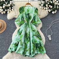 Robe plissée évasée à manches longues bouffantes imprimées style A pour femme, idéale pour le quotidien et les soirées