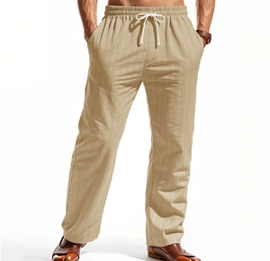 กางเกงผ้าลินินสำหรับฤดูร้อน กางเกงชายหาด มีเชือกผูก ลายทางแนวตั้ง กางเกงลำลองทรงตรง ระบายอากาศได้ดี กางเกงผู้ชาย - Product Image 6