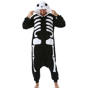 Pijama enterizo de mujer con estampado de esqueleto, con capucha, manga larga, informal, de longitud completa, de forro polar suave y poliéster térmico - Product Image 1