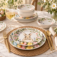 Service de vaisselle en céramique imprimé numérique 3D, 12 pièces, sous glaçure, sans plomb, assiettes en porcelaine motif floral printanier et lapin, Pâques