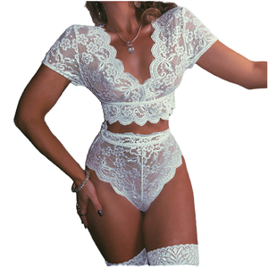 Ensemble de lingerie sexy transparent pour femmes, manches courtes, taille haute, dentelle, soutien-gorge et culotte, ensemble de lingerie en spandex/polyester fin - Product Image 4