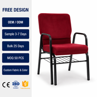 Chaise d'église empilable avec rembourrage en tissu et cadre métallique, chaises de théâtre et d'auditorium avec accoudoirs, chaises de prière empilables pour banquets de mariage, OEM