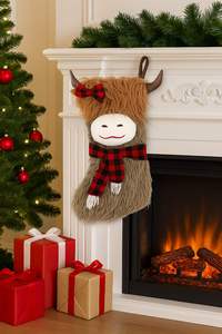 Chaussette de Noël en fourrure longue marron avec écharpe à nœud papillon 50,5x32cm Décoration à suspendre à l'arbre - Product Image 2
