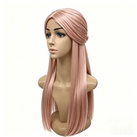 Perruque longue et droite rose châtain avec design à demi-nœuds, accessoire capillaire synthétique pour costumes de personnage de dessin animé