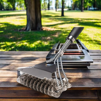 Brosse de nettoyage robuste 2-en-1 pour barbecue, grattoir en fil d'acier inoxydable, manche long de 18 pouces pour camping et pique-nique en extérieur