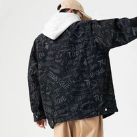 Veste en jean pour homme à imprimé graffiti, style streetwear, col mandarin, coupe ample et oversize, effet délavé