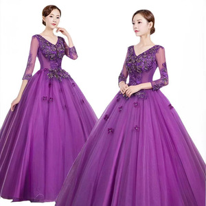 Purple V-neck Tulle Prom Dress With Lace Applique Empire Waist Long Sleeve Ball Gown For Women Plus Size Evening Wear - Product Image 5
