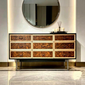 Hot Sale Luxury Burl Wood Veneer Sideboard 9 Drawer Storage Cabinet Polished Metal Legs Modern High-end Credenza for Living Room - Product Image 1