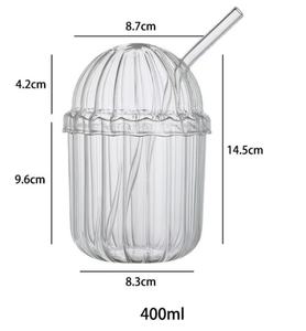 Copo de Vidro Transparente com Listras Verticais de 400ml em Borosilicato Resistente ao Calor com Tampa e Canudo para Beber Café e Leite - Product Image 2