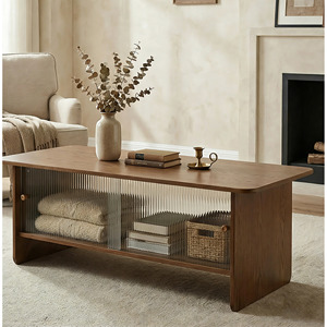 Modern Minimalist Coffee <b>Table</b> 47 Inch Rectangular With Storage Cabinet Glass Sliding Doors Living Room Furniture - Product Image 5