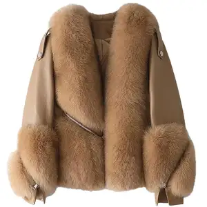 New winter coat short sheep skin shearling fox fur cropped coat for woman