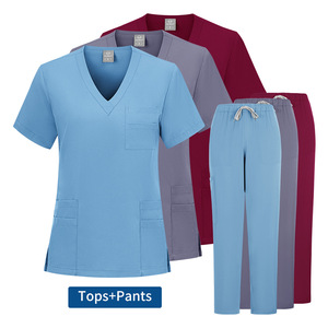Women Scrub Set V-Neck Short Sleeve Pants Moisture Wicking Hospital Uniforms Split Set Knitted Fabric S XXL - Product Image 1