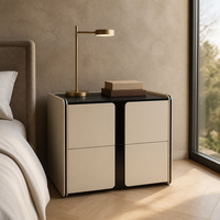 Table de chevet moderne compacte et écologique avec plateau en verre, 2 tiroirs à ouverture par pression, étagère de rangement en bois massif mélaminé pour appartement