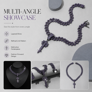 Chaîne Cubaine Noire 15 mm Iced Out, Chaîne Lien Hip Hop avec Collier Pendentif Épée <span class=keywords><strong>en</strong></span> Strass Violets, Collier Plaqué Or - Product Image 6