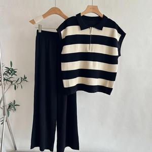 Summer Casual Loose Fit Polo Collar Half-Zip Striped <b>Knit</b> <b>Sleeveless</b> <b>Top</b> + High-Waisted Wide-Leg Pants Versatile Set - Product Image 6