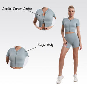 Nouveau sans couture Ropa Deportiva Gym vêtements tenues 2 pièces côtelé fermeture éclair Yoga Shorts à manches courtes haut court Yoga ensemble femmes - Product Image 2