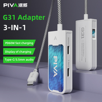 Adaptador de Juegos PIVA 3 en 1 Tipo-C, 3.5mm, PD60W, Carga Rápida, Transferencia de Datos USB C, DAC 32Bit/384Khz, 480Mbps, Pantalla de Carga