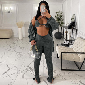<span class=keywords><strong>Abbigliamento</strong></span> autunnale 2023 inverno Set giacca camicia da <span class=keywords><strong>donna</strong></span> + reggiseno + pantaloni impilati Leggings tre pezzi in maglia a coste da <span class=keywords><strong>donna</strong></span> - Product Image 2