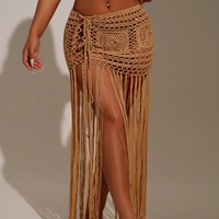 Gehaakte strandrok met kwastjes voor dames, doorschijnend, uitgehold, zomerse bikini-cover-up