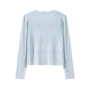 Cardigan en tricot ajouré bleu ciel pour femme, col en V, en coton fin, coupe ajustée, vêtement d'extérieur - Product Image 2