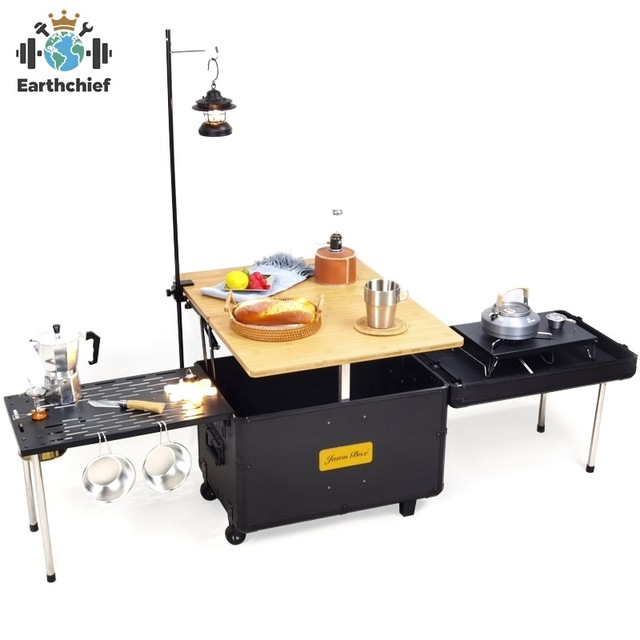 Outdoor Mobile Kitchen Car Camping Box Picnic Storage Organizer Folding Tea Table and Chair Coffee Expansion Blackening