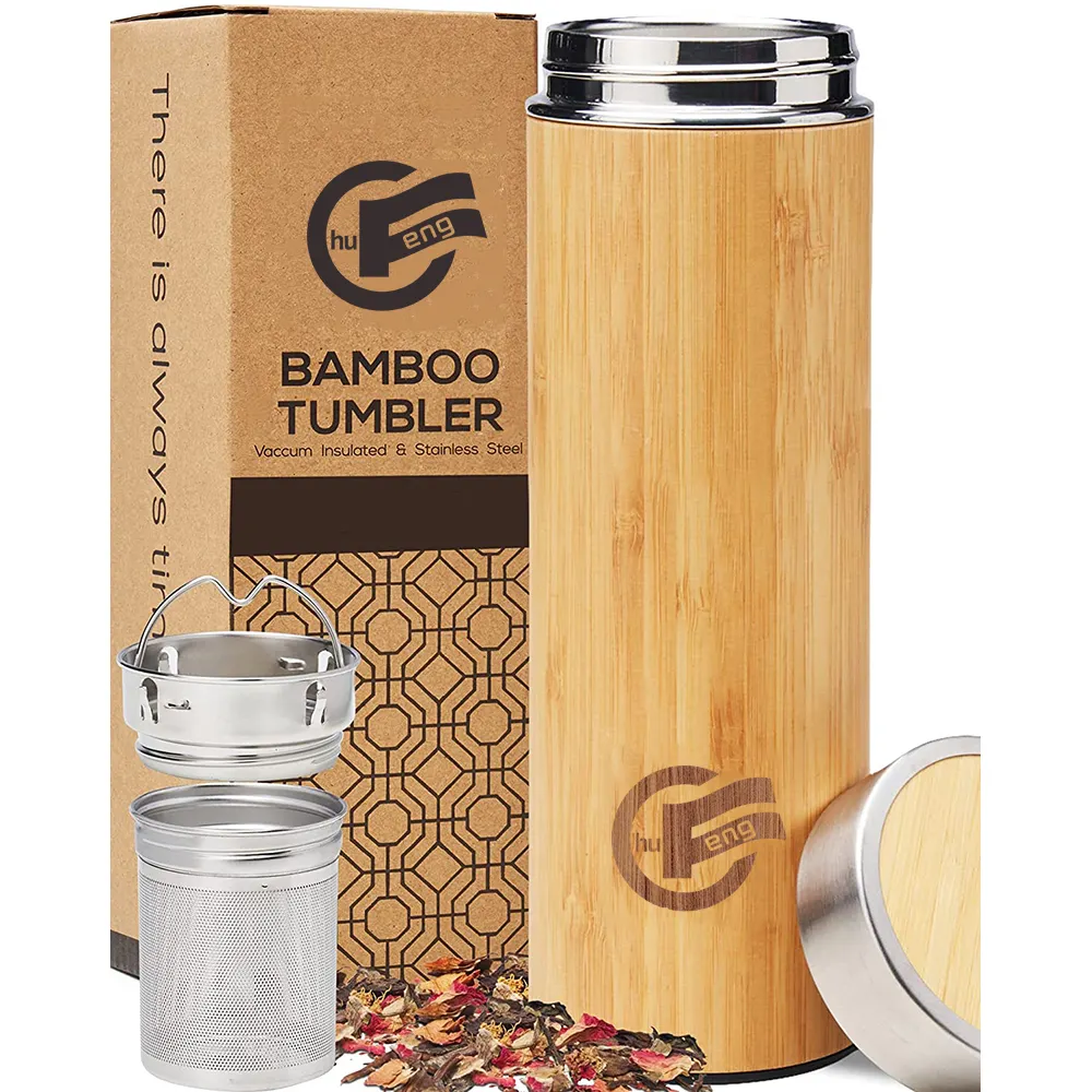 Bouteille d'eau écologique en bambou, manchon en bois, acier inoxydable, isolation sous vide, flacon thermique avec infuseur à thé