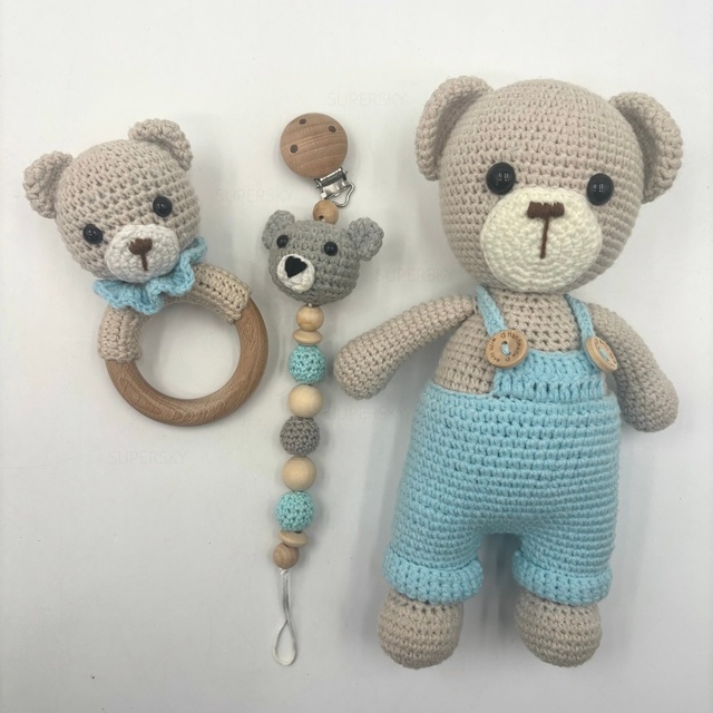 Spersky Crochet Kit Included Bear Rattle Pacifier Clip Bear Crochet Bundle Amigurumi Crochet Toys Baby Gift Set