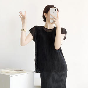 Ensemble plissé Miyake élégant en maille unie, jupe midi amincissante à manches courtes, <span class=keywords><strong>grande</strong></span> <span class=keywords><strong>taille</strong></span>, vêtements pour femmes - Product Image 3